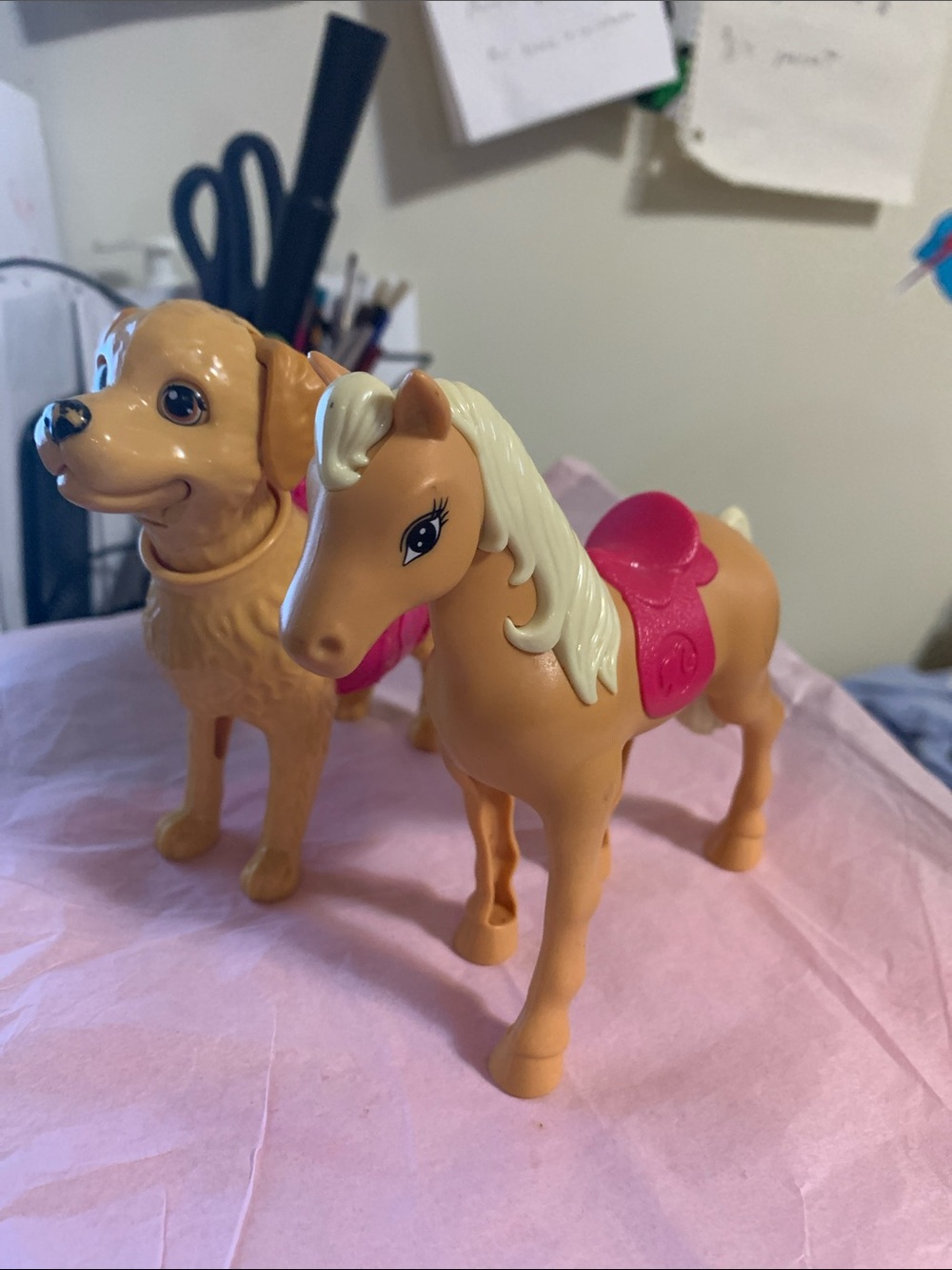 Barbie Peach Pony with Pink Saddle and Cream Mane + Tan Dog